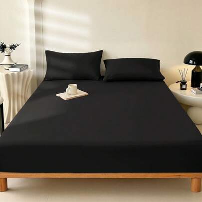 2/3pcS Solid Color Black Fitted Sheet Set (1Pc Fitted Sheet+1/2pcs Pillowcases), Mattress Protector, Mattress Cover For Bed, Bed Sheet Set, Soft And Breathable, For All Size Bed -Twin, Full, King, Queen Size Sheet Deep Pocket Up To 11.8 Inch Home Textile