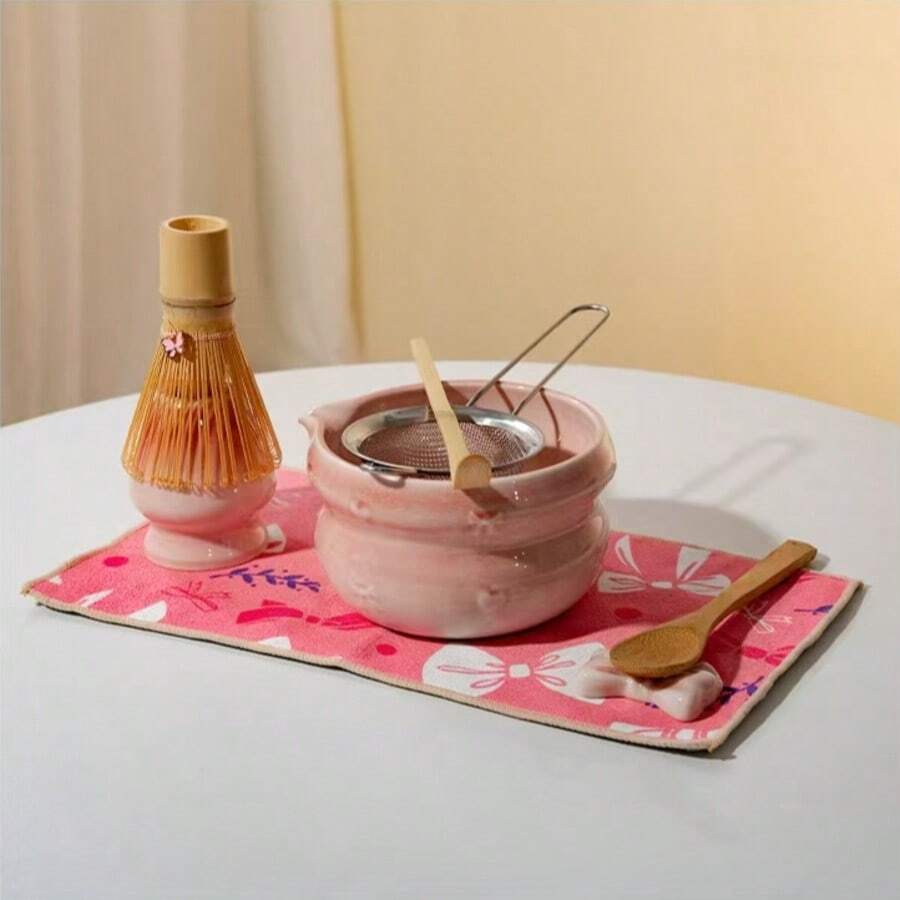 抹茶茶具套装：竹制茶筅、茶碗、茶匙、茶筛、茶架 - 传统日本茶道用具 - 淺粉色 - 查看 1