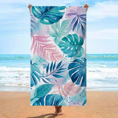 Khăn tắm biển họa tiết lá nhiệt đới, làm từ vải microfiber mềm mại, unisex, cỡ cực lớn, thích hợp cho bơi lội, du lịch và cắm trại, với thiết kế thực vật màu nước sống động.