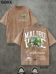 Plus-Size Men's Palm Tree Graphic T-Shirts, West Coast Resort Style Graphic T-Shirts, Washed Vintage T-Shirts, Oversized Men's T-Shirts, 230g 100% Cotton, Unisex Tops. - 咖啡棕 - 查看 1