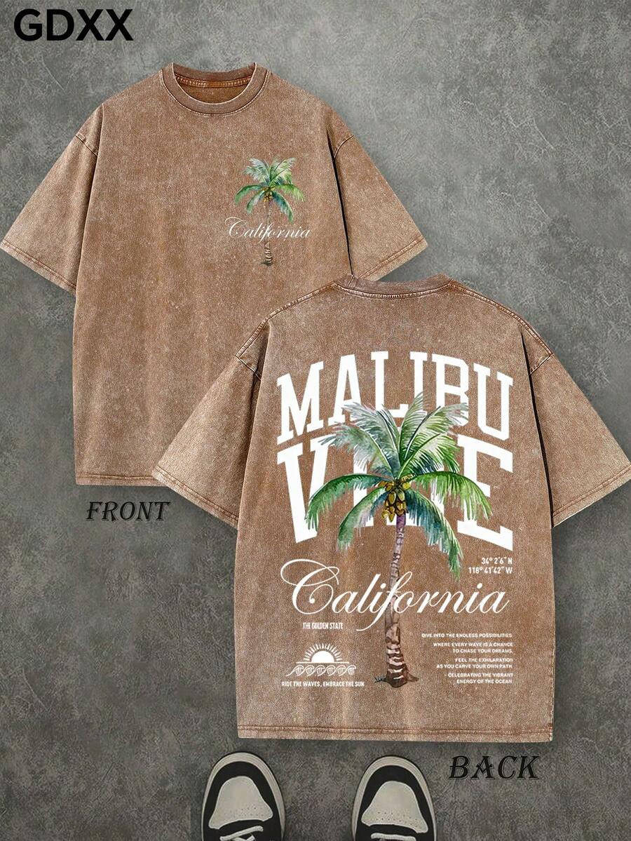 Plus-Size Men's Palm Tree Graphic T-Shirts, West Coast Resort Style Graphic T-Shirts, Washed Vintage T-Shirts, Oversized Men's T-Shirts, 230g 100% Cotton, Unisex Tops. - 咖啡棕 - 查看 1