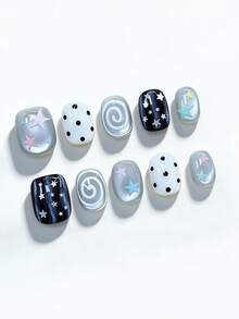 10pcs Colorblock Design With Cool Gray, Milky White And Deep Black, Decorated With Colorful Star Pattern, Classic Polka Dots And Spiral Swirl, Emitting Sweet Yet Edgy Y2K Vibe. High-Gloss Finish And Short Square Shape Create Diverse And Eye-Catching Everyday Aesthetic. This Charming Style Is Perfect For Adding Personalized To Any Outfit, Suitable For Daily Outings, Casual Gatherings And Various Occasions. - Multicolor - View 3