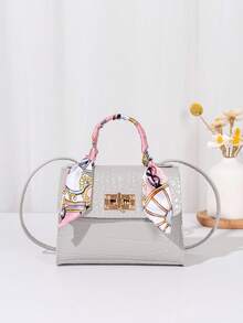 1pc Girls' Solid Color Mini Crossbody Bag, Scarf Decor Handbag, Suitable For Daily Use, Ideal Gift Choice - Grey - View 8