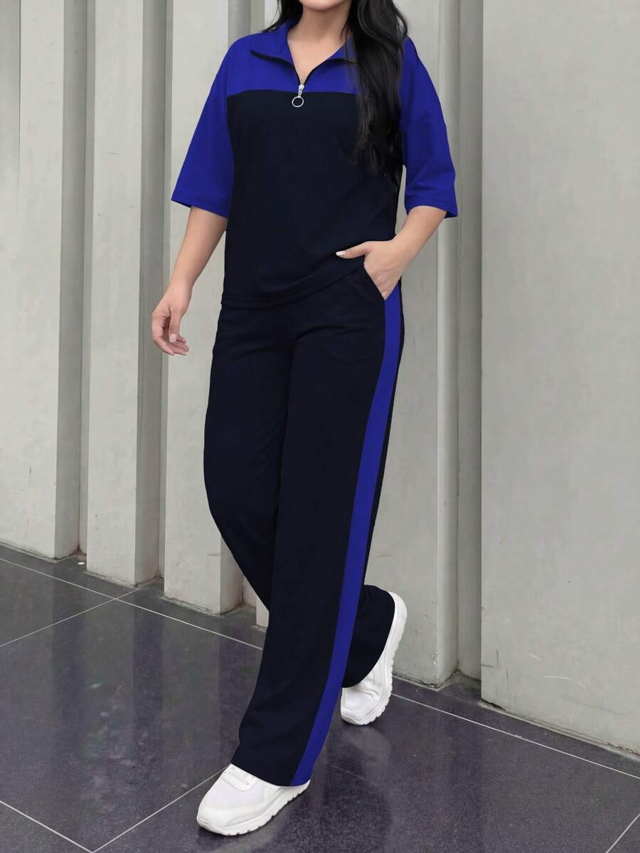 女士休闲两件套，轻盈修身运动套装，阔腿裤，柔软弹力聚酰胺面料，春夏款 - 淺藍色 - 查看 1