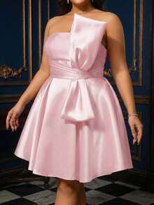 Smilprince Plus Size Fuchsia Woven Fabric Strapless Formal Dress, Front Button Design, Flared Skirt, Suitable For Women Wedding Party - Baby Pink - View 5