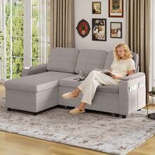Corner Sofa Bed, L-Shaped Sleeper Sectional Couch Bed, 3-In-1 Corduroy Convertible Pull Out Sofa Bed With Adjustable Backrest, Storage And Cup Holder For Living Room, Grey - 3人位L形燈芯絨銀灰色 - 查看 9