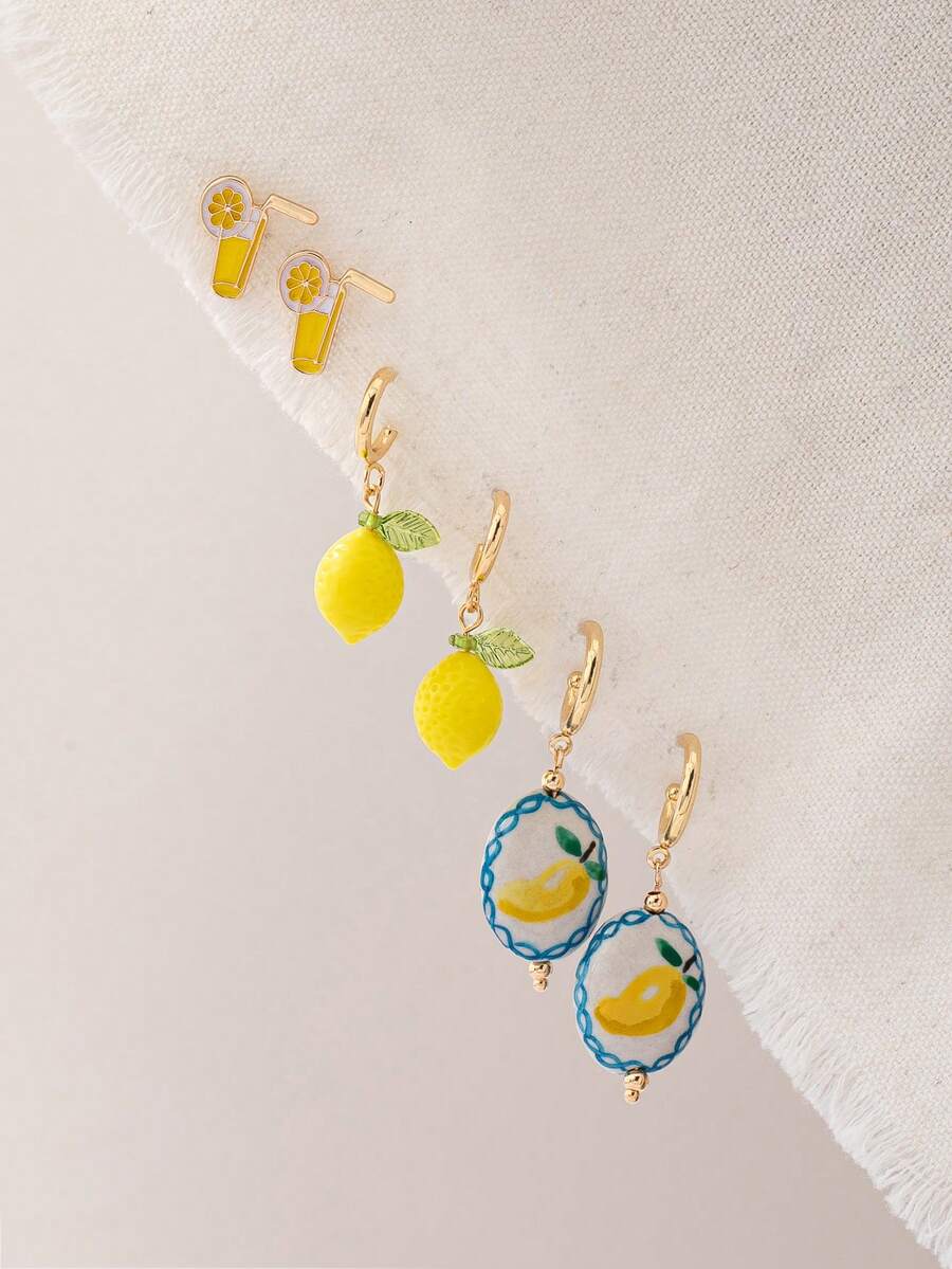 3 Pairs Handmade Ceramic Summer Fruit Lemon Stud Earrings Set For Women, Enameled Cocktail Earrings, Boho Vacation Style Jewelry - Multicolor - View 1