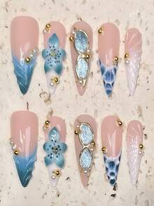 10pcs Handmade Long Pointed French Manicure Nail Stickers Press On Nails - Blue - View 15
