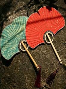 Foldable Hand Fan, Handmade Fan, Handheld Fan, Fashion Accessory For Women, Portable Mini Electric Fan, Double-Sided Ginkgo Leaf & Floral Pattern Handcrafted Fan, Lightweight Portable Rice Paper Hand Fan For Summer Cooling, Festival Decoration - Multicolor - View 3