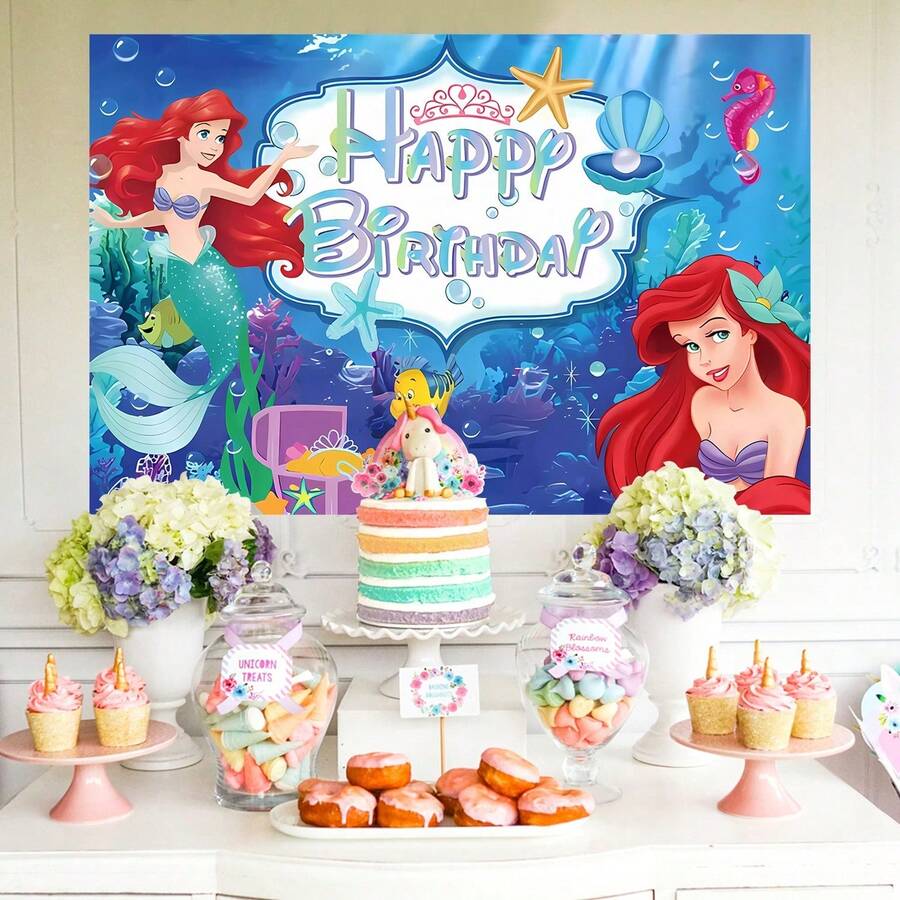 1 pieza Fondo de fotografía de cumpleaños de sirena feliz, mundo submarino de cuento de hadas, océano azul piedra, peces pequeños, coral, algas marinas, decoración de fiesta de recién nacido, tamaño: 82.7*5.1/59.1*39.4/39.4*29.5 pulgadas - BJB - Ver 1