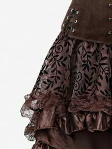 3-Piece Set In The Style Of The Medieval Renaissance For Women, Featuring A Steampunk Pirate Theme. The Outfit Consists Of A Halter-Neck Sleeveless Top Paired With A Viking-Style Wide Shoulder Belt Jacket (Pirate Vest), And A Multi-Layered Chiffon Skirt Set. Suitable For Themed Parties, Role-Playing, And Halloween Costume Design. - quả mơ + nâu sẫm + nâu - Xem 10