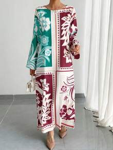 1 pieza Vestido largo holgado, ligero y transpirable con cuello redondo, estampado floral y manga larga para mujer, adecuado para uso diario, vacaciones, vestido de noche elegante, vestido árabe tradicional para festivales, Año Nuevo y otras festividades de primavera - Café integral - Ver 9