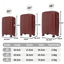 20"/24"/28" 3-Piece PP Spinner Luggage Set – Sizes With Side Handles, Hanging Hooks & Protective Feet – Integrated Combination Lock - Merah - View 2
