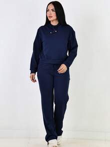 Ana Ribbed Wide-Leg Pants + Hoodie Set - 藏蓝色 - 查看 2