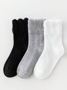 3 đôi tất nữ cao đến giữa bắp chân, màu đen/trắng/xám trơn, thích hợp cho mùa xuân/hè, có viền ren và thiết kế lưới, thoải mái và đa năng. - trắng - Xem 1