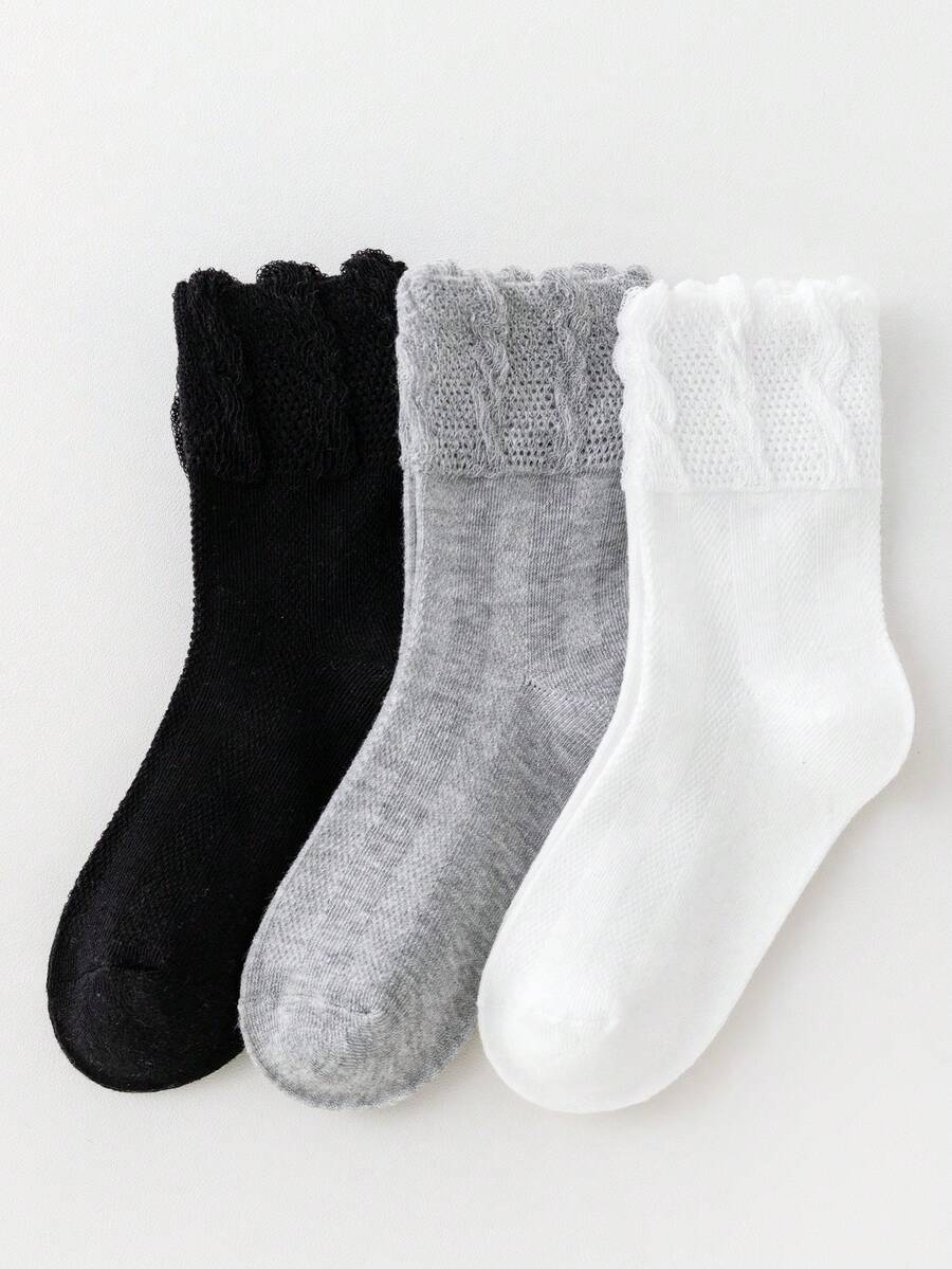 3 đôi tất nữ cao đến giữa bắp chân, màu đen/trắng/xám trơn, thích hợp cho mùa xuân/hè, có viền ren và thiết kế lưới, thoải mái và đa năng. - trắng - Xem 1