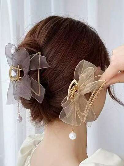 1pc Elegant Mesh Bow, Faux Pearl & Tassel Metal Hair Claw Clip