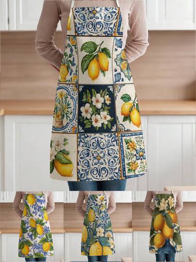 1 chiếc tạp dề bằng polyester họa tiết chanh, thích hợp cho việc nấu nướng, làm bánh và làm vườn - có thể dùng làm trang phục trong nhà bếp và phòng ăn.