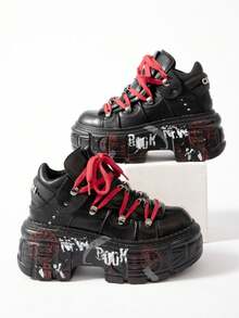 Thick Bottom Platform Outdoor Sport Shoes, Graffiti Punk Large Size Women Casual Sneakers, Metal Decoration All Match Retro Gothic Shoes, Mujer Tennis Trainers - 黑色 - 查看 16