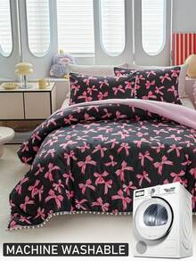 Bộ ga trải giường 2/3 món màu đen và hồng in hình nơ, có tua rua, kiểu dáng tối giản và dễ thương, làm từ chất liệu polyester, phù hợp cho mọi mùa, phòng ngủ và phòng khách, mềm mại và thoáng khí, có thể giặt máy (1 ga trải giường + 1/2 vỏ gối, không kèm ruột gối) - Nhiều màu - Xem 8