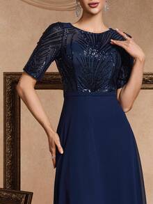 Đầm dạ hội phối lưới đính sequin tương phản, thanh lịch, trang trọng, thích hợp cho tiệc cưới, lễ tốt nghiệp, tiệc tối mùa xuân. - Màu xanh hải quân - Xem 9