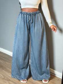Women's Elastic Waist Baggy Wide Leg Jeans, Casual Loose Non-Stretch Denim Pants - 淺色水洗藍 - 查看 6