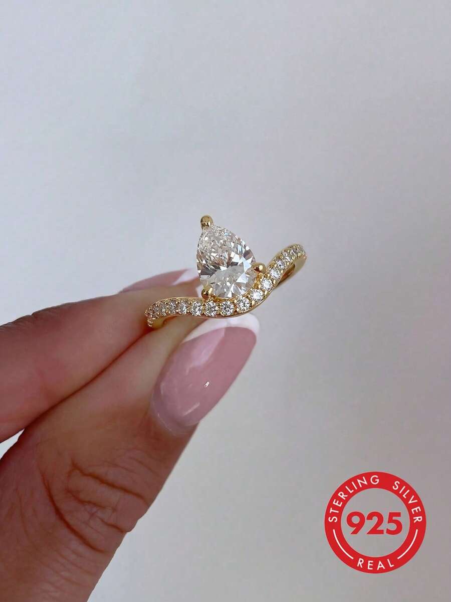 1枚925纯银优雅V形微镶立方氧化锆水滴戒指，1.25克拉，复古风格银戒指，女士时尚珠宝礼品
