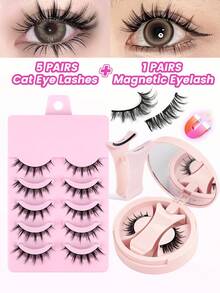 MAANGE 1/6 piezas Juego de pestañas postizas magnéticas - Con clips magnéticos, pestañas de ojos de zorro, portátil, con aspecto natural, pestañas postizas reutilizables, imanes fuertes, sin necesidad de pegamento ni desmaquillante - Negro - Ver 3