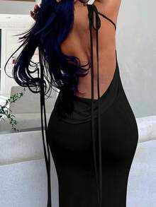 Women's Solid Color Backless Spaghetti Strap Dress, Summer Party Black Elegant - Black - View 2