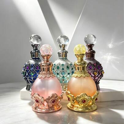 15ml Exquisite Rhinestone-Decorated Enamel Bottle, Mini Refillable Container, Portable Travel/Holiday Personal Care, Perfume & Essential Oil Sample Bottle, Home Decor, Ideal Gift For Girls (Perfume Not Included, Empty Bottle Only)