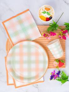 Bộ đĩa, khăn ăn và cốc dùng một lần kẻ caro vàng và xanh lá cây, phục vụ 24 người, đồ dùng tiệc bằng giấy dùng một lần phù hợp cho sinh nhật, đám cưới, tiệc tùng, dã ngoại gia đình. - Kiểu 4 - Xem 4