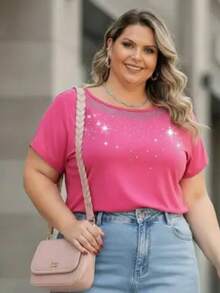 Plus Size Short Batwing Sleeve Blouse With Round Neck And Rhinestone Detail - Casual Chic Fabric - Comfortable Knit - Perfect For Everyday Urban Wear - 玫紅色 - 查看 11