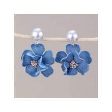 Denim Fabric Rose Flower Three-Dimensional Camellia Handmade Flower Pearl Stud Earrings Women Jewelry - 雄蕊#EZ5584-a - 查看 4