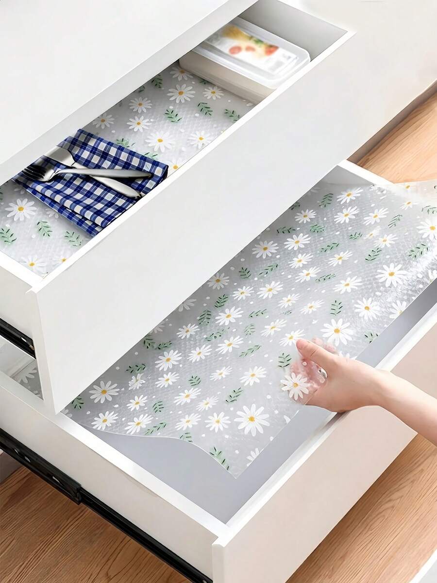 Anti-Slip Cabinet Liner, Waterproof Refrigerator Liners Mats, Glass Shelf Liner, Decorated With Novel Daisy Patterns, EVA Material, Easy To Clean And Cut, Waterproof, Oil-Proof, Moisture-Proof And Dust-Proof, Kitchen Countertop Pad, Furniture Cabinet Drawer Organizer, Suitable For Kitchen Cabinet, Shelve, Desk - 無色 - 查看 1