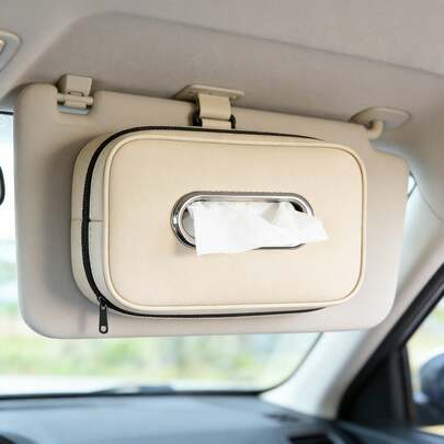 Car Sun Visor Tissue Holder, PU Leather Car Tissue Box With Zipper, Hanging Tissue Case For Car Sunshade, Armrest Box & Backseat, Premium Auto Interior Accessory, Universal Fit For Most Cars, SUVs & Trucks, Stylish Convenient Tissue Dispenser