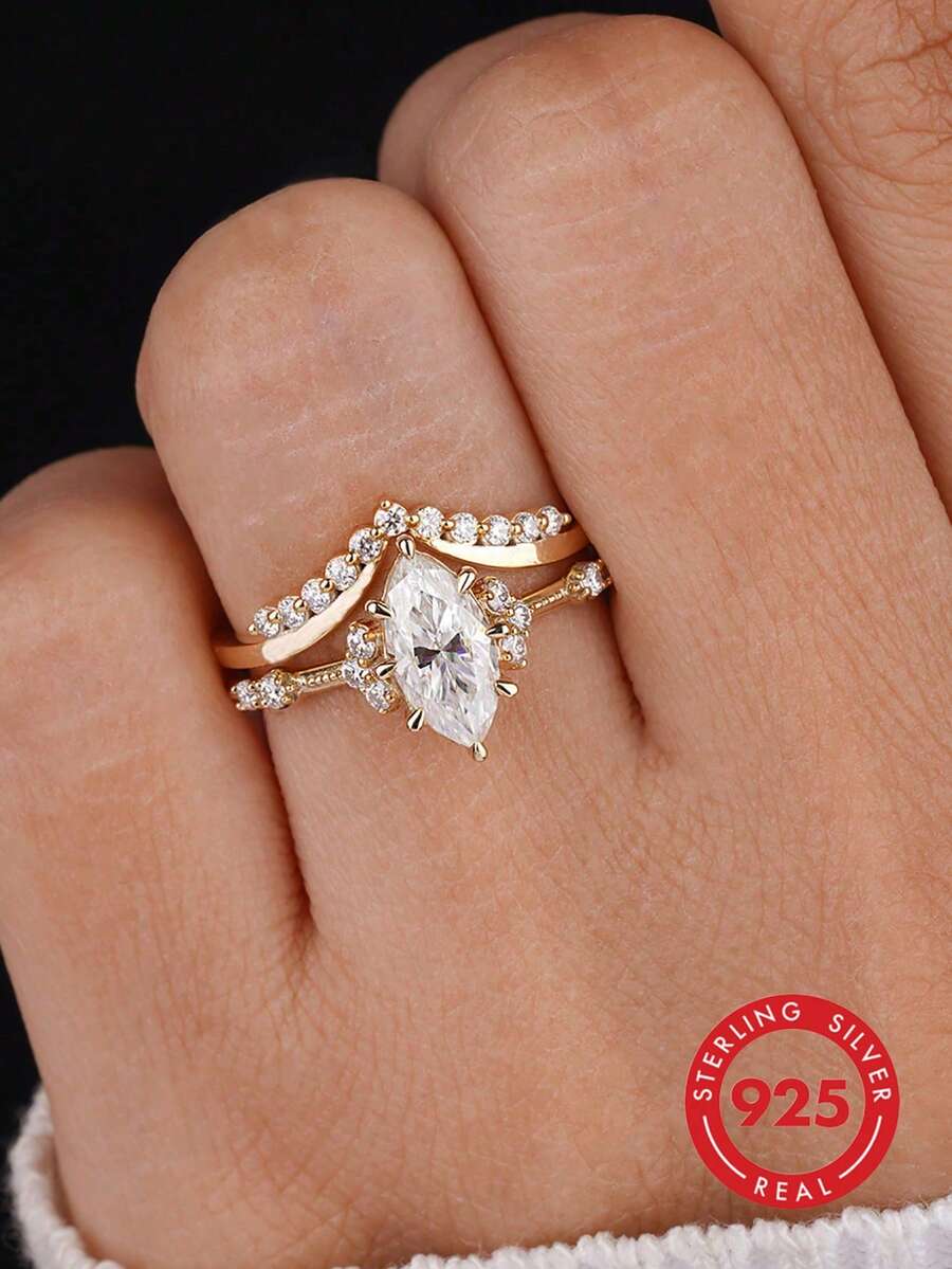 Bộ 2 chiếc nhẫn bạc 925 hình chữ V đính kim cương, sáng bóng và thanh lịch dành cho nữ, thích hợp cho đám cưới, tiệc tùng và các dịp khác. - Vàng - Xem 1