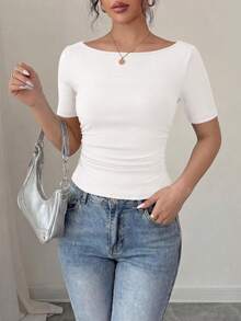 PRETTYGARDEN Womens Summer Short Sleeve Tops Boat Neck Ribbed Knit Slim Fit T Shirt Casual Basic Top Y2K Clothes - 淺白色 - 查看 7