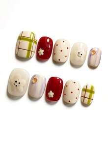 10 piezas Presenta una paleta vibrante y alegre de blanco cremoso, rojo cereza brillante y verde hierba fresco, adornado con patrones clásicos de cuadros, motivos de flores pintadas a mano en 3D, lindos lunares rojos y suaves acentos de degradado de acuarela Uñas postizas - Multicolor - Ver 3