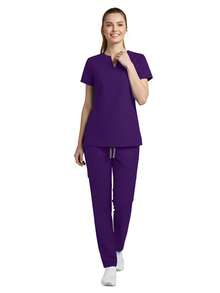 2pcs/Set Seragam Perawat Wanita, Atasan + Celana dengan Saku, Pakaian Kerja Ruang Bedah Perawat, Pakaian Kerja Salon Kecantikan Musim Semi - Purple - View 4
