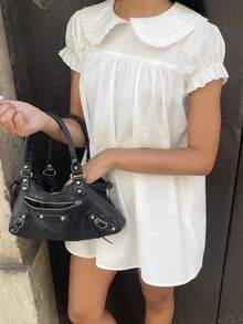 Women's White Peter Pan Collar Puff Sleeve Babydoll Mini Dress, Back Button Detail Gathered Summer Casual Dress - 白色 - 查看 4