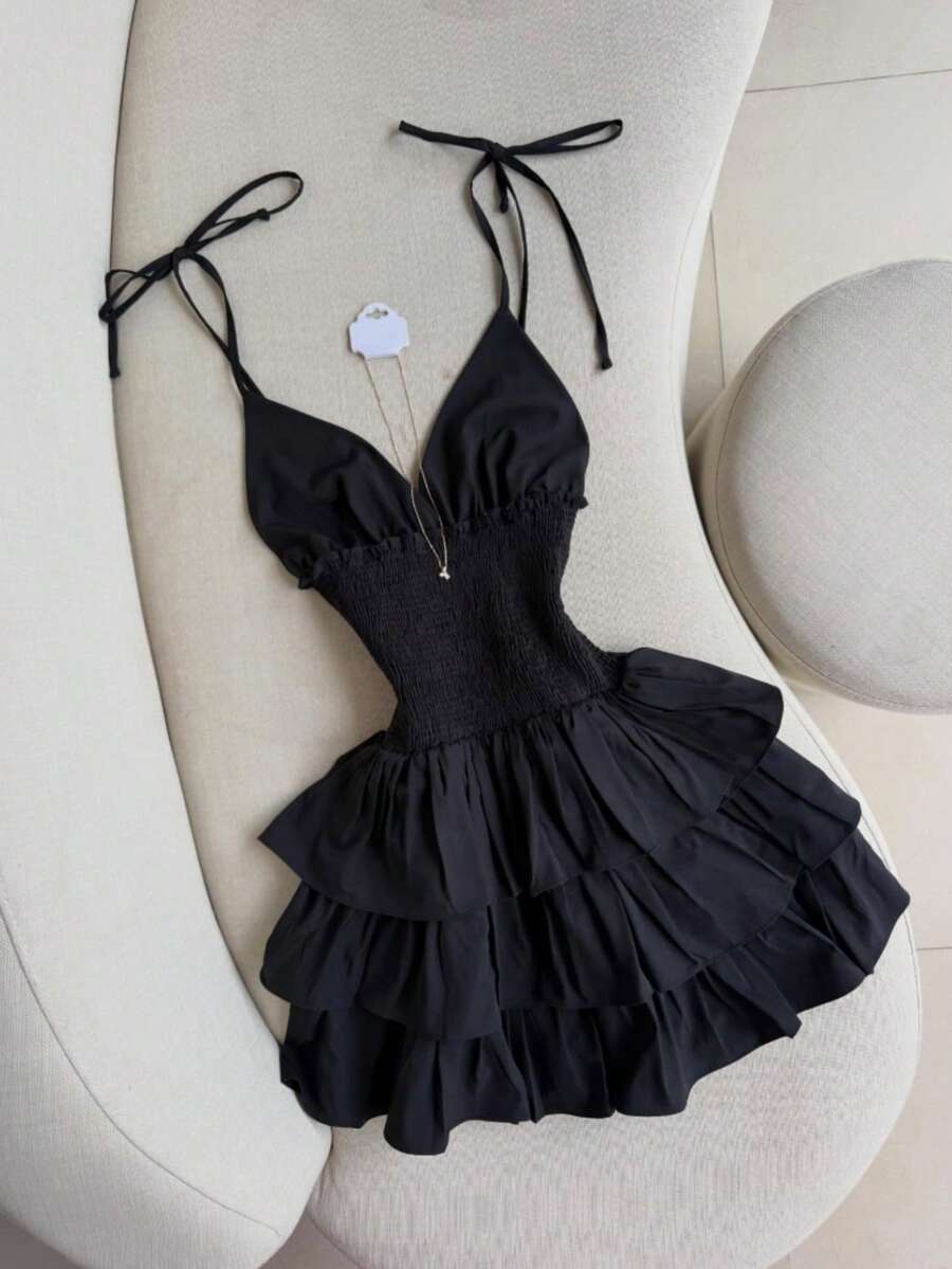 春夏女士派对礼服、鸡尾酒礼服、吊带层叠蛋糕裙、性感礼服、伴娘礼服、度假礼服，优雅黑色 - 黑色 - 查看 1