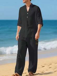 Men's Linen Casual 2 Piece Outfits Long Sleeve Lapel Shirt & Long Pants Set Loose Fit V Neck Tops Breathable Beach Vacation Daily Streetwear Arrival - 黑色 - 查看 5
