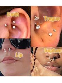 不锈钢水钻锆石耳环和鼻钉套装，马蹄形鼻环，C形唇/眉环，闪亮粉色立方氧化锆，女士内螺纹鼻钉，粉色和银色锆石 - C桿 - 查看 8