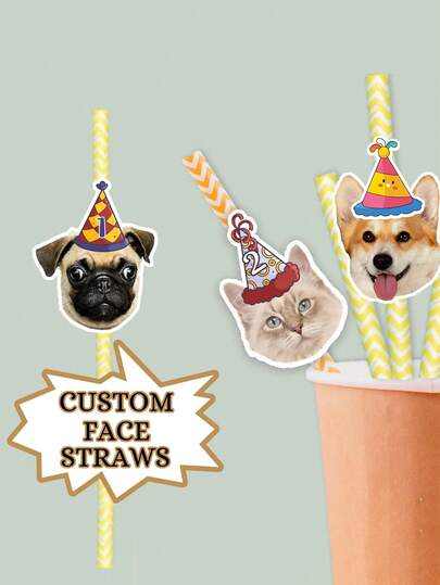 1/12/24/48pcs Customized Face Pattern Paper Straws, Personalized Face Design Straws For Party, Birthday Party Decoration Gifts, Multifunctional, Durable, Decorative, Reusable, Exquisite, Fashionable, High Quality, Colorful, Modern, Customized, Personalized, Unique, Ideal Gift For Him/Her