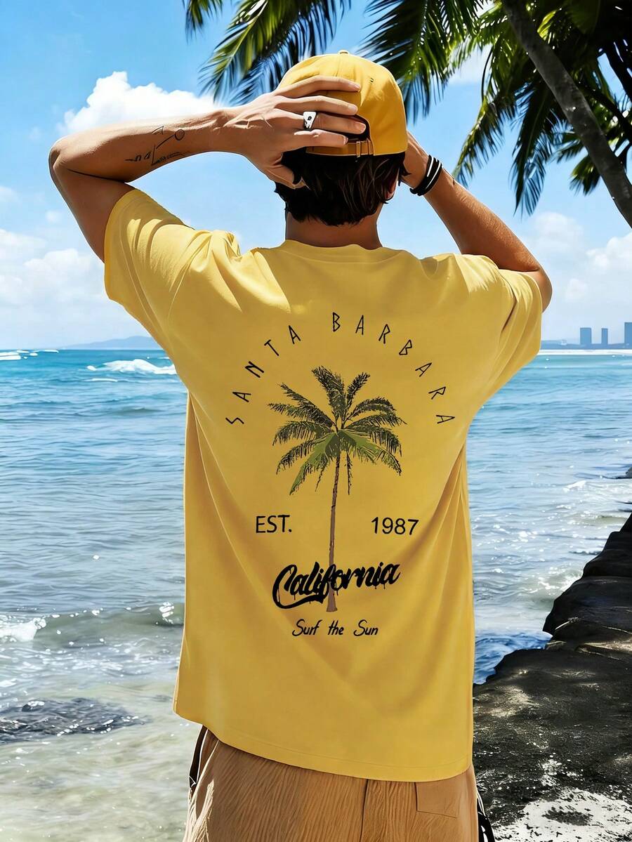 Coastal | 夏季新款男士椰树字母印花短袖圆领T恤，休闲度假风上衣 - 黃色 - 查看 1