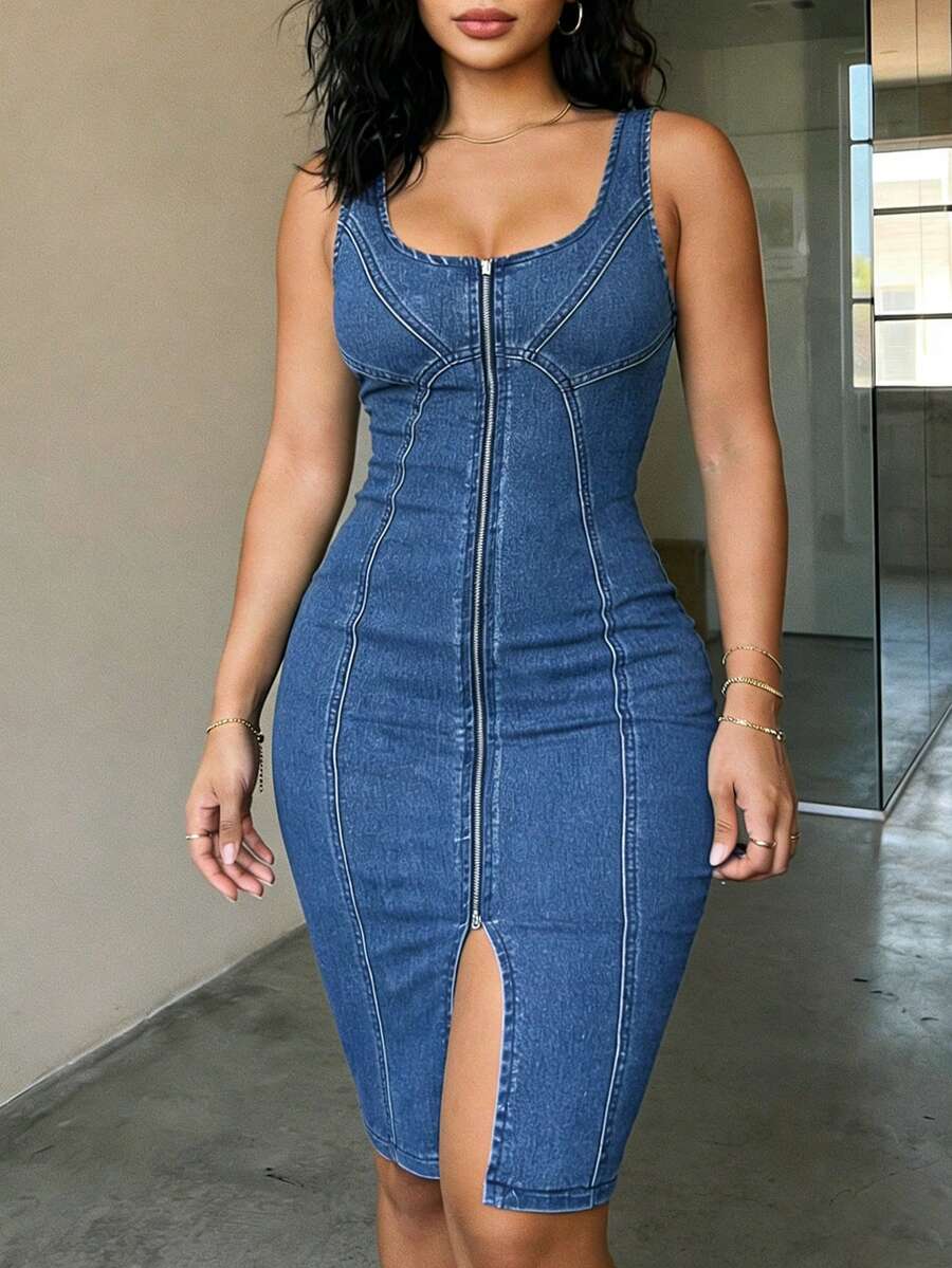 Women's Solid Color Casual Non-Stretch Slit Denim Dress, Simple Slim Fit Versatile Midi Dress Hip-Knee Short Skirt, Worn On The Street In Summer. - 中等水洗藍 - 查看 1