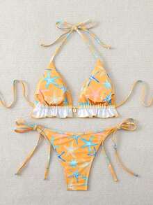 Swim Mod Women's Swimsuit, Two-Piece Bikini Set With Halter Neck, Ruffles And Bow In Solid Color For Summer - 多色 7 - 查看 3