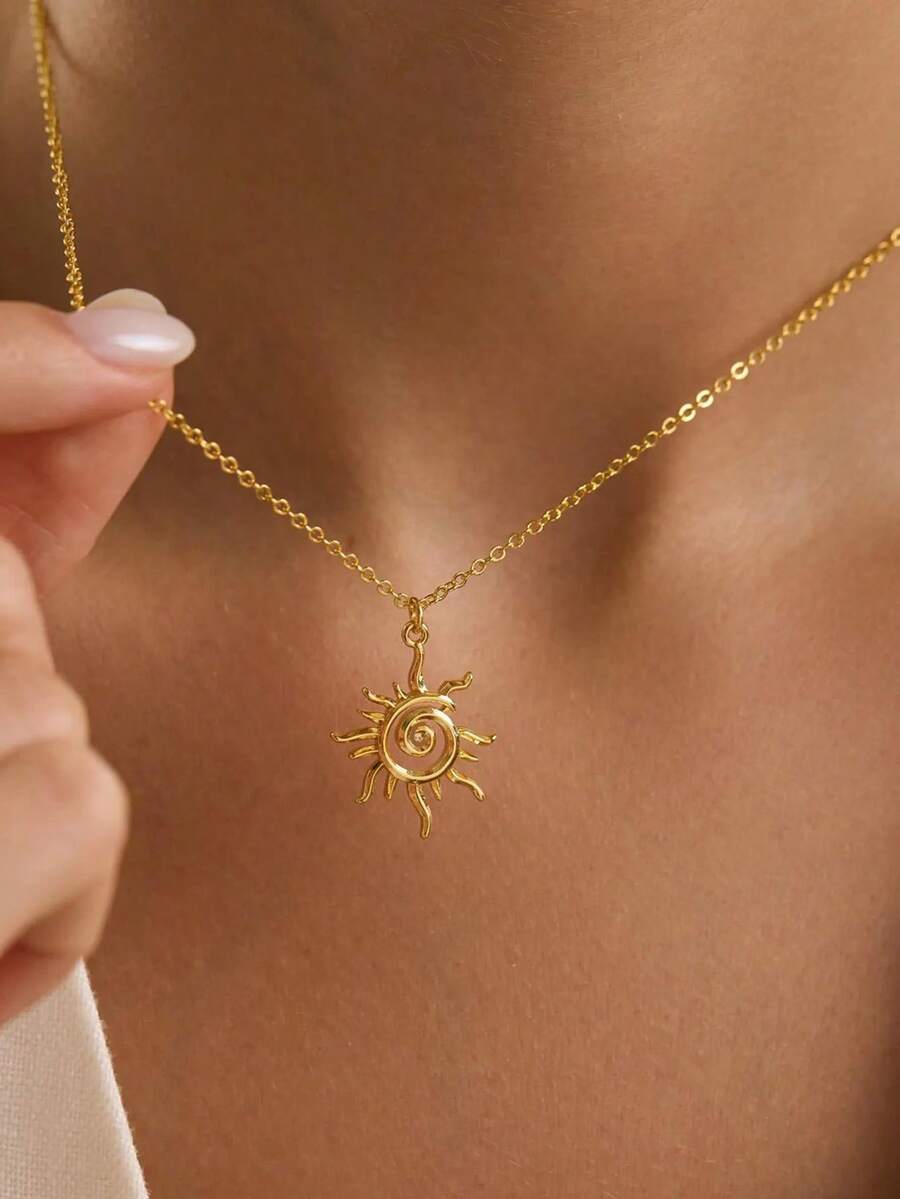 1pc Minimalist Stainless Steel Sun Pendant Necklace, Gold Spiral Pendant Necklace, Jewelry Gift For Women, Summer Vacation - Necklace - View 1