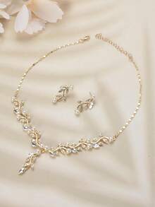 3pcs Rhinestone Leaf Decor Jewelry Set Halloween White Rhinestone - Vàng - Xem 1