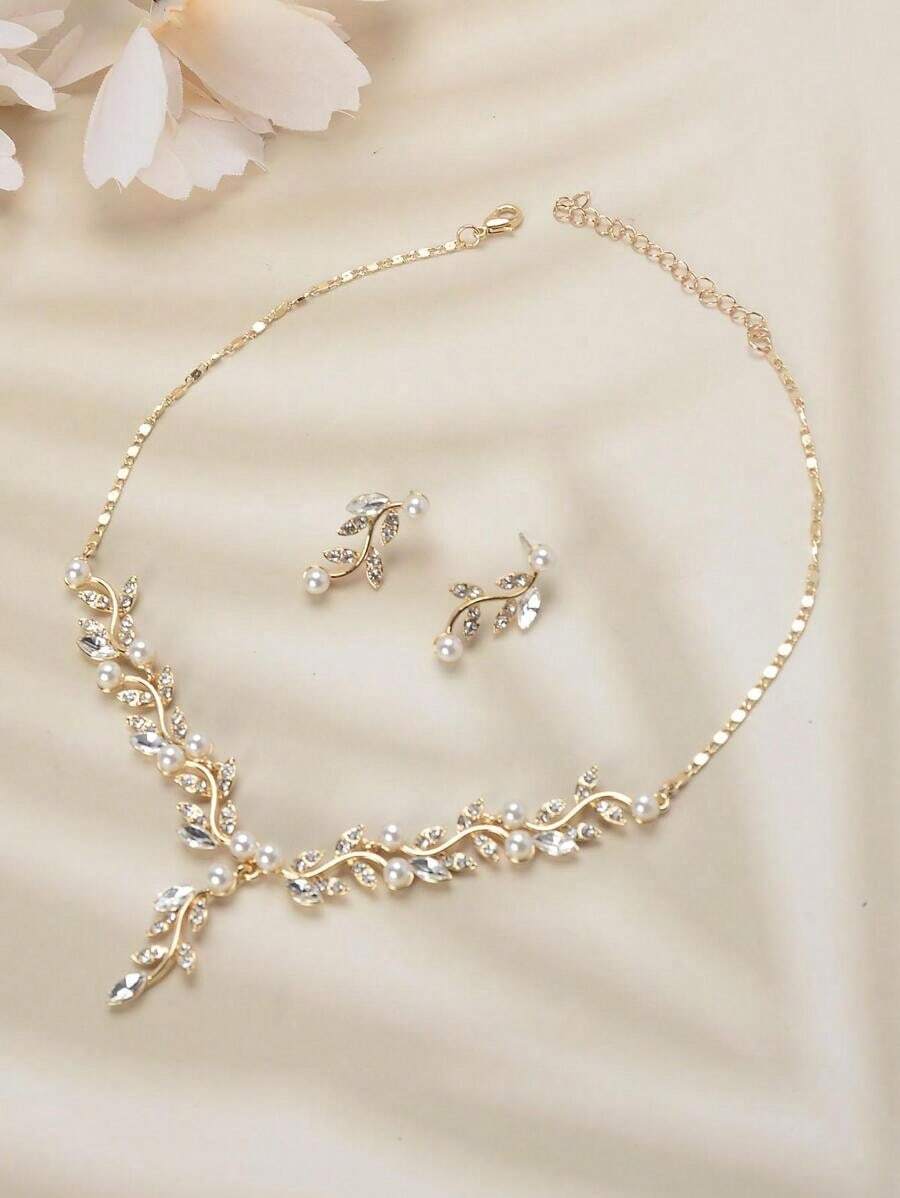 3pcs Rhinestone Leaf Decor Jewelry Set Halloween White Rhinestone - Vàng - Xem 1